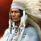 Traditional Native American Headdress with White Feathers on Red Background