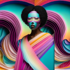 Colorful Abstract Art: Woman with Artistic Makeup & Vibrant Swirling Shapes