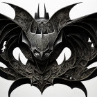 Symmetrical black-and-white bat symbol with ornate tribal designs