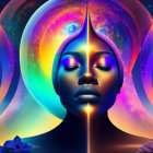 Colorful Digital Art: Serene Woman's Face in Cosmic Setting