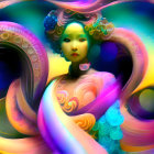 Colorful Chinese goddess in traditional attire with flowing ribbons