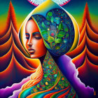 Vibrant digital artwork: stylized woman with surreal landscape and psychedelic background