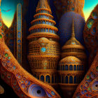 Fantastical image: Hive-like buildings and flying fish in twilight sky