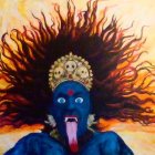 Blue-skinned figure with fiery hair and multiple arms in intense painting