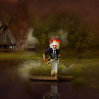 Clown mask figure guides boat in misty waterway