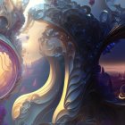 Digital art: ornate circular portals in mystical landscape with floating islands and vibrant flora