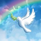 White doves flying in blue sky with rainbow spotlight.