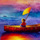 Child in Red Canoe with Leaf Sail at Sunset