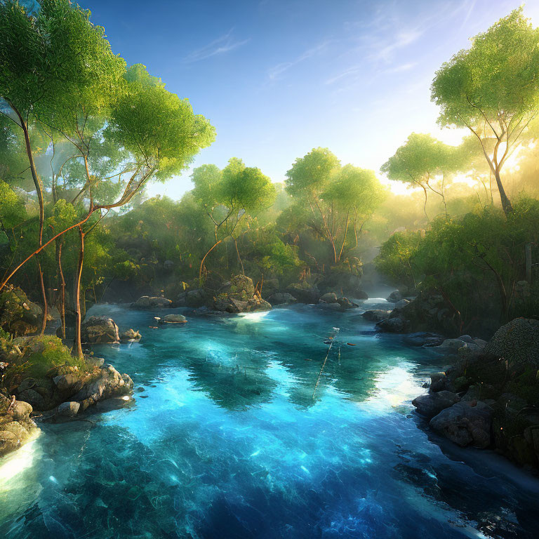 Tranquil Forest Landscape with Green Trees and Turquoise River