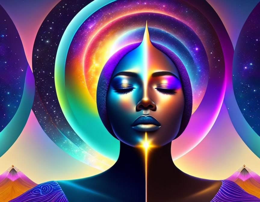 Colorful Digital Art: Serene Woman's Face in Cosmic Setting