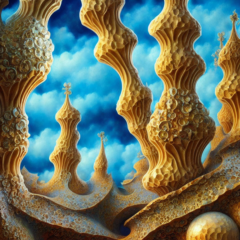 Surreal fantasy landscape with golden towers under vibrant blue sky