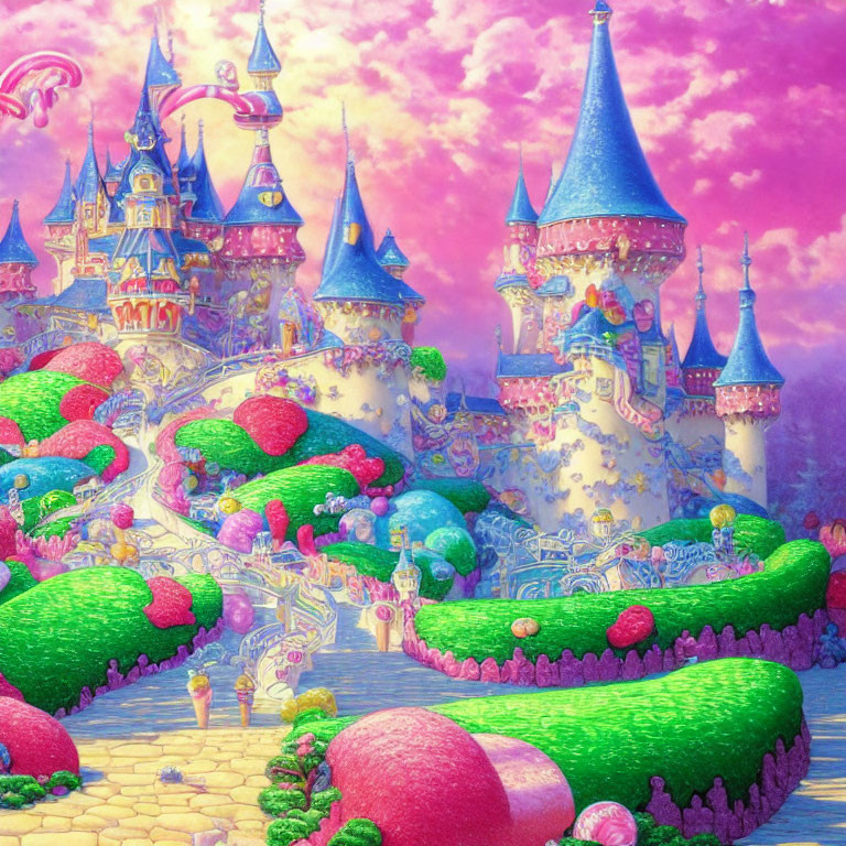 Fantasy castle with pink and blue turrets in candy-like landscape