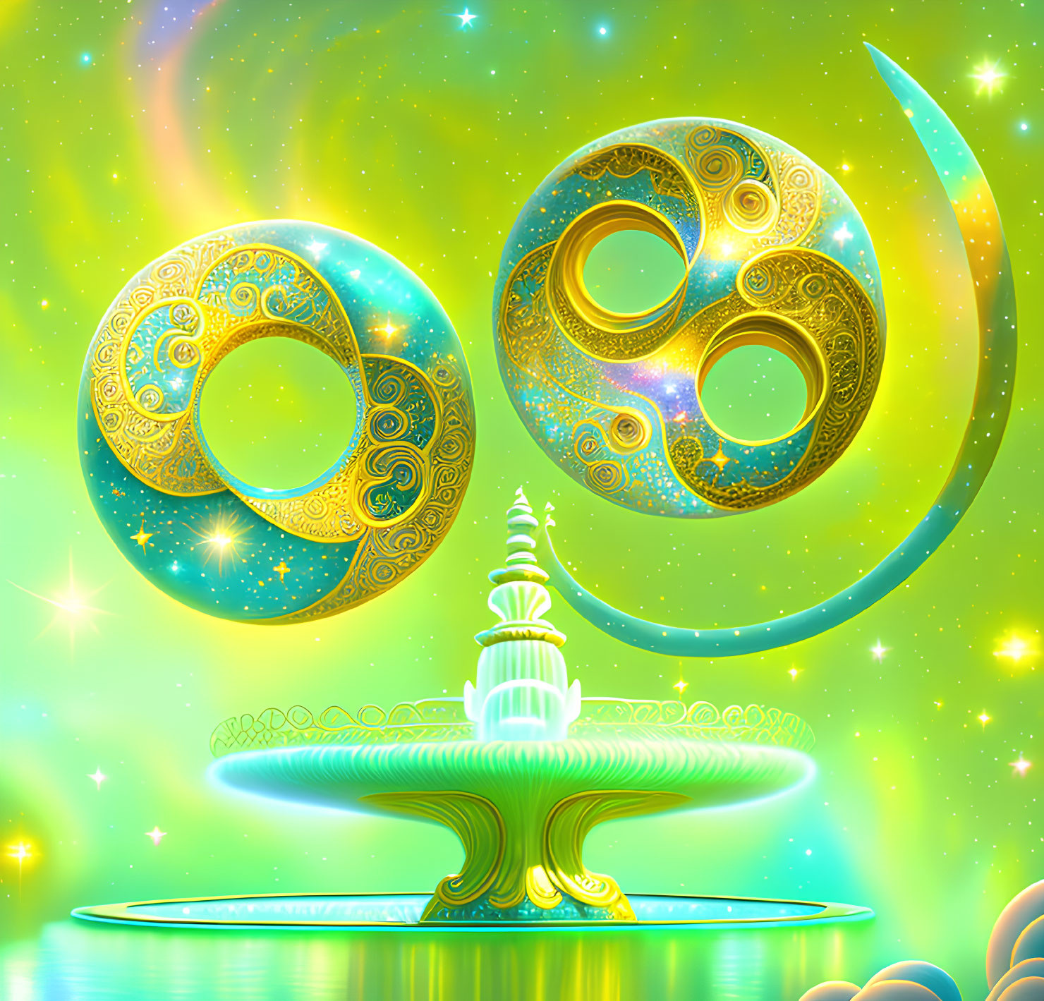 Vibrant fantasy landscape with celestial structure, ornate rings, crescent moon, and luminous