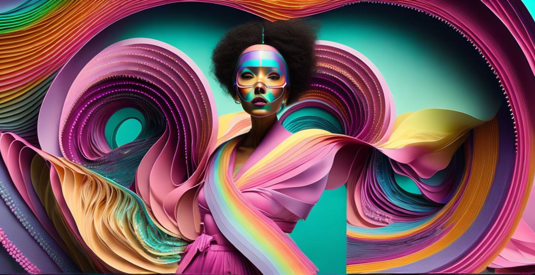 Colorful Abstract Art: Woman with Artistic Makeup & Vibrant Swirling Shapes