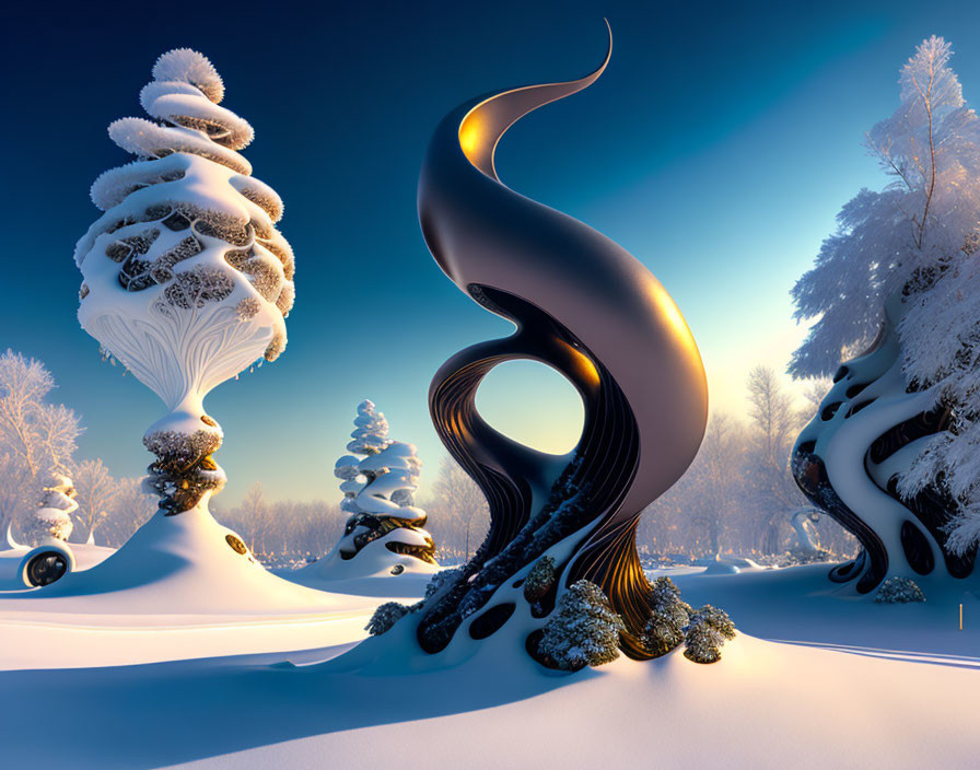 Surreal winter landscape with stylized trees and swirling trunk