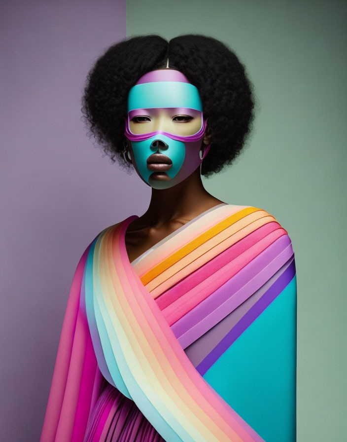 Portrait of person with afro hairstyle in colorful blindfold and fabric on purple backdrop