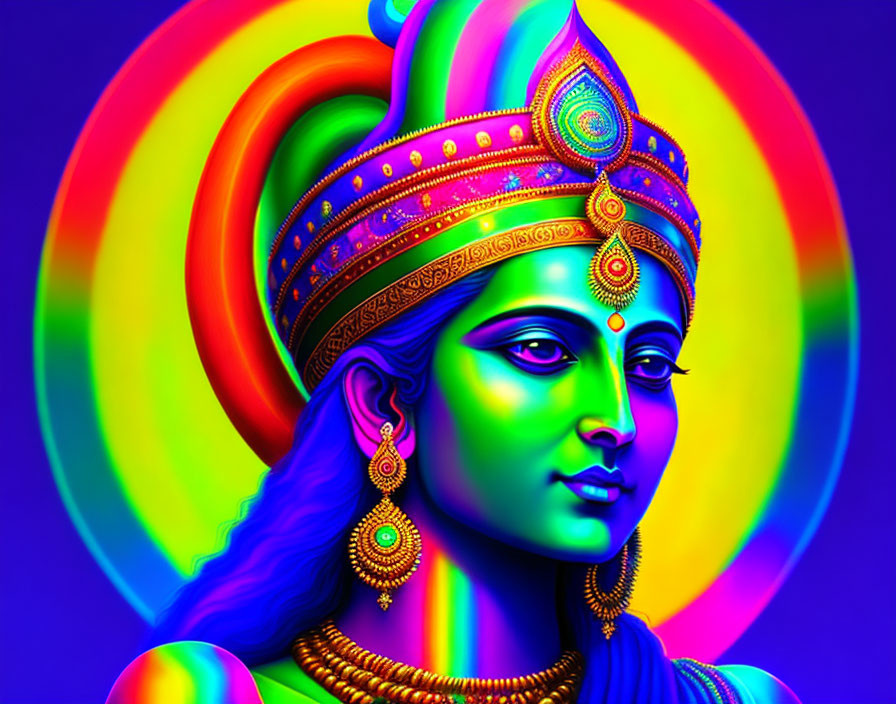 Colorful portrait of figure in Indian headgear on concentric background