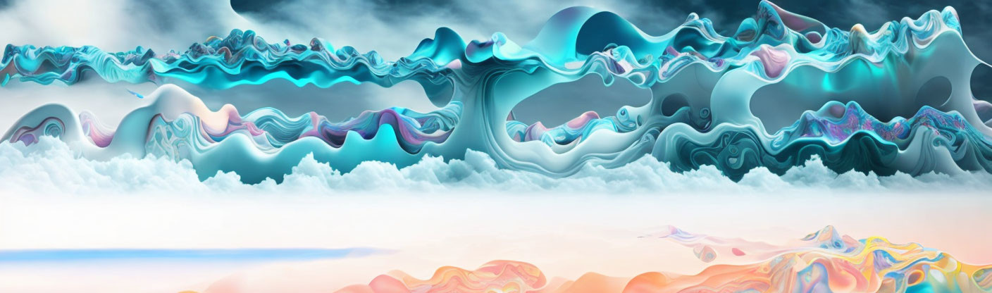 Surreal panoramic landscape with iridescent waves above clouds