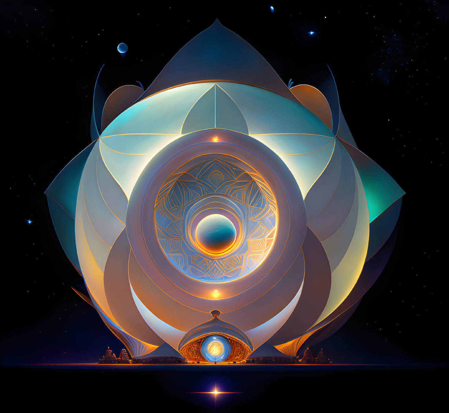 Symmetrical lotus-inspired cosmic structure against starry night sky