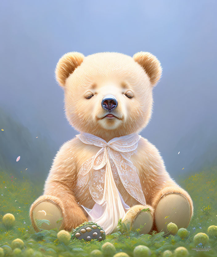 Illustration of gentle teddy bear with lace collar in dandelion field