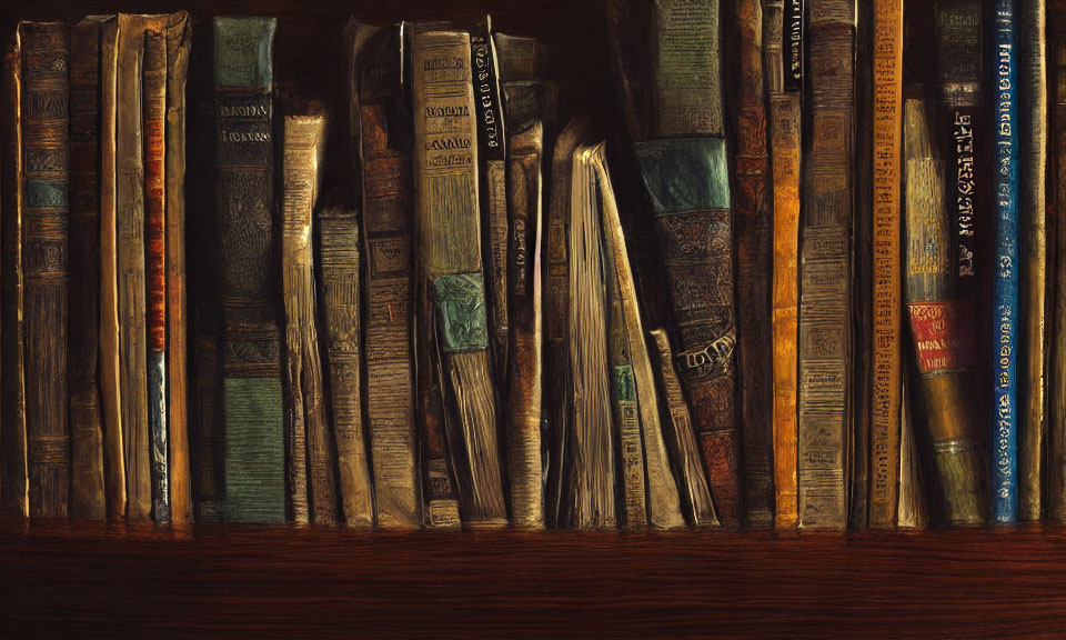 Dimly Lit Shelf with Aged Books and Varied Spine Designs