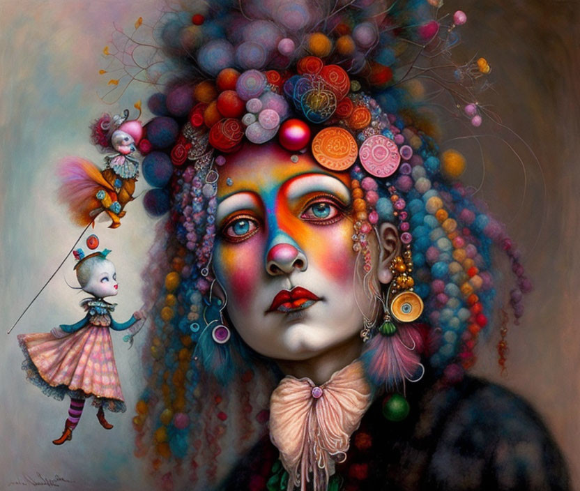 Colorful whimsical woman with decorative hair and floating fairies.