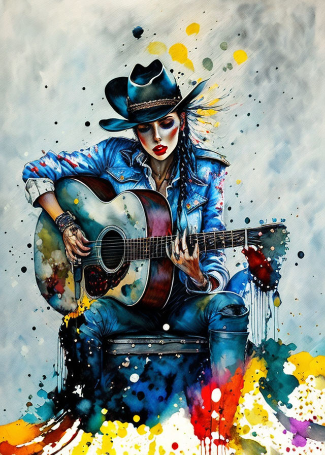 Colorful watercolor painting: Woman in cowboy hat playing guitar