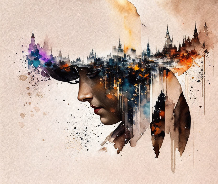 Profile of a Woman Merging with Abstract Cityscape