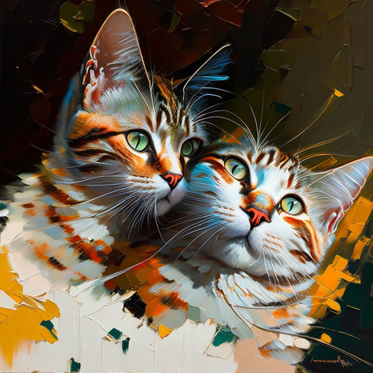 Stylized colorful cats with green eyes on abstract background