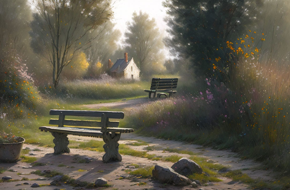 Tranquil countryside landscape with wooden bench, cottage, and wildflowers