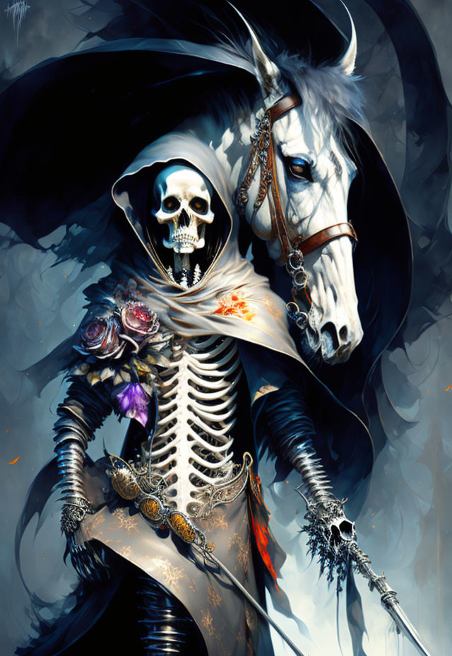 Gothic skeletal figure on white horse with scythe in dark setting