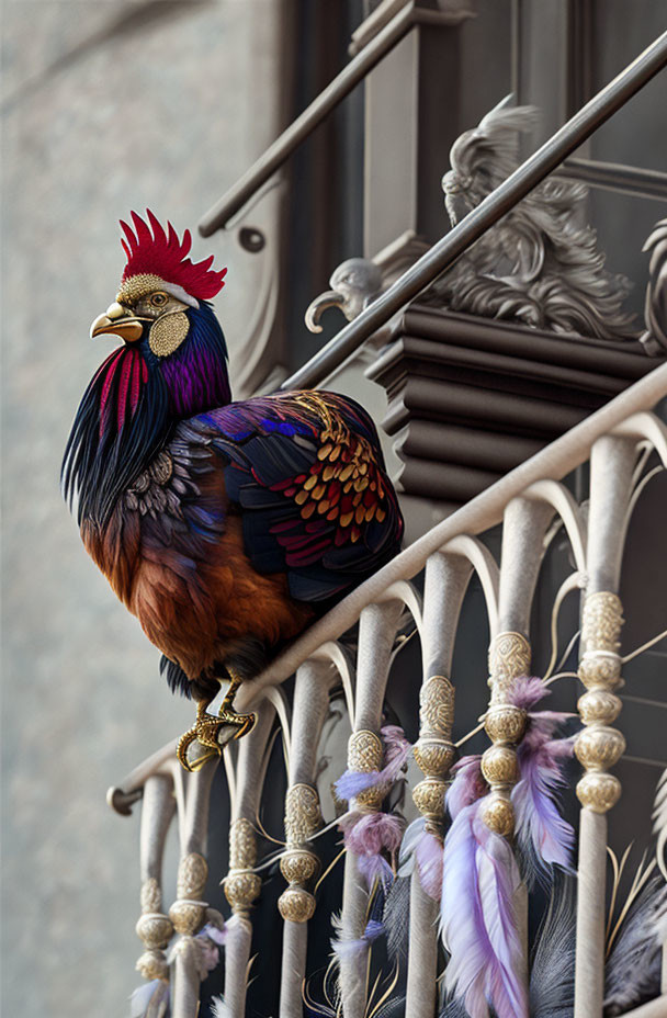 Vibrant rooster on ornate balcony rail with intricate feathers