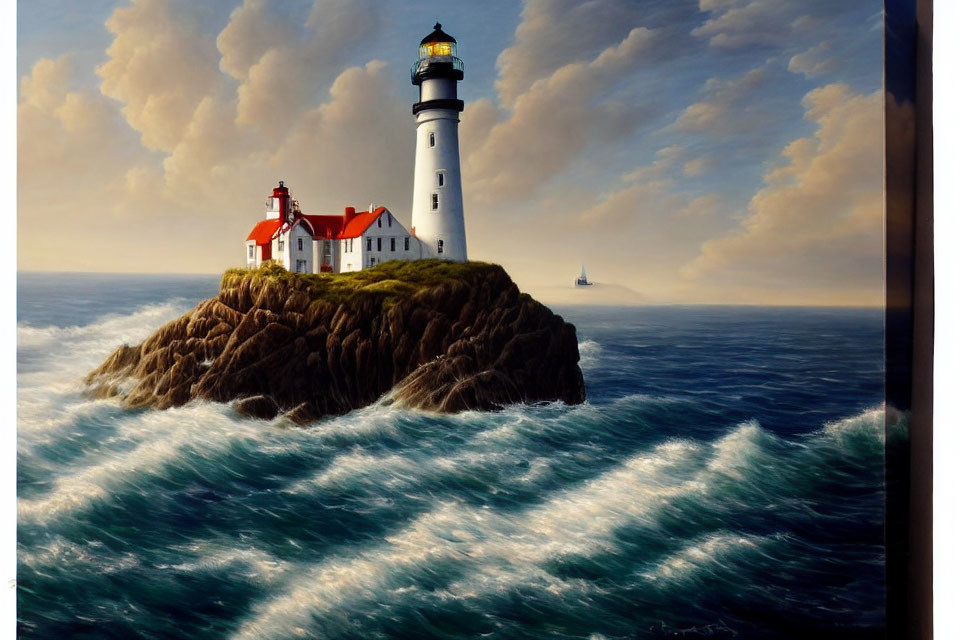 Lighthouse painting with rocky outcrop, crashing waves, cloudy sky, and distant boat.