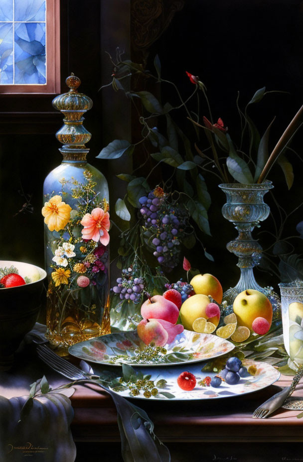 Ornate glass bottle with fruit and flowers on plate in still life painting