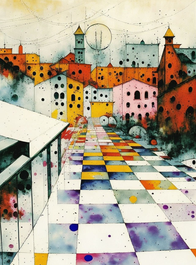 Colorful Checkered Path Painting of Village with Speckled Towers and Hanging Orbs