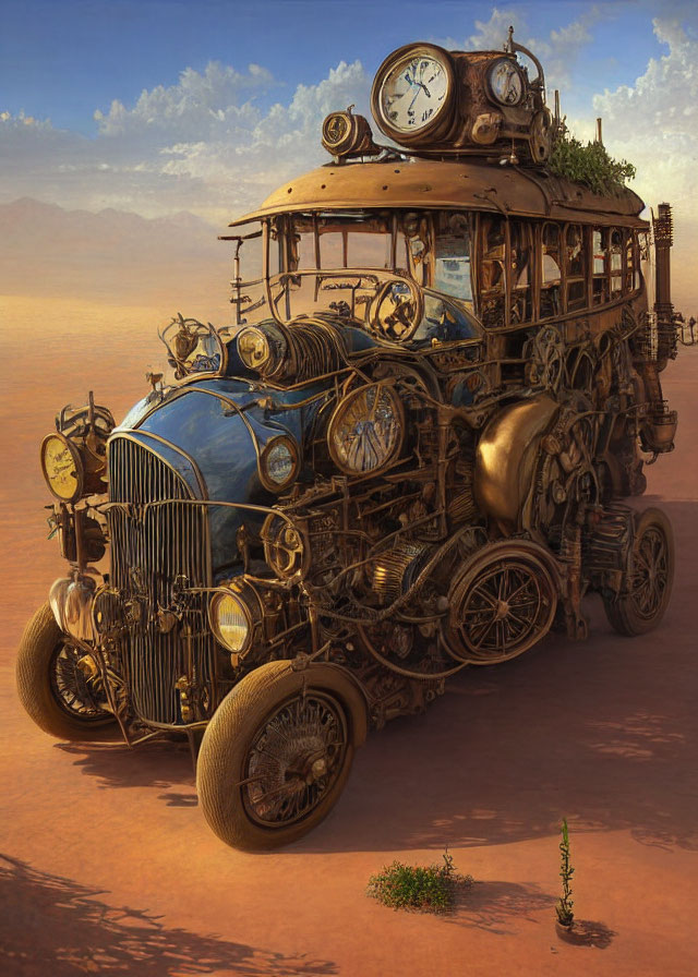 Steampunk vehicle with gears and pipes in desert landscape