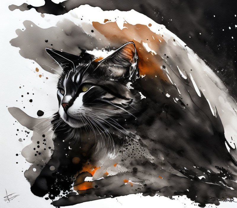 Vivid watercolor painting of a black and white cat with amber eyes