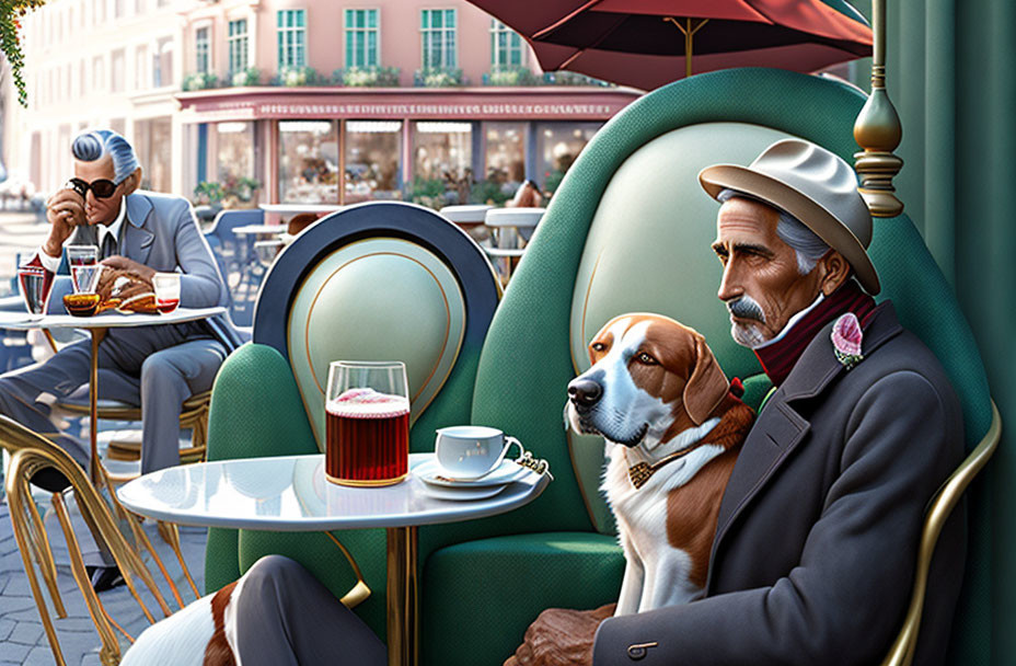 Elder gentleman with mustache and dog at cafe, another man reading in background