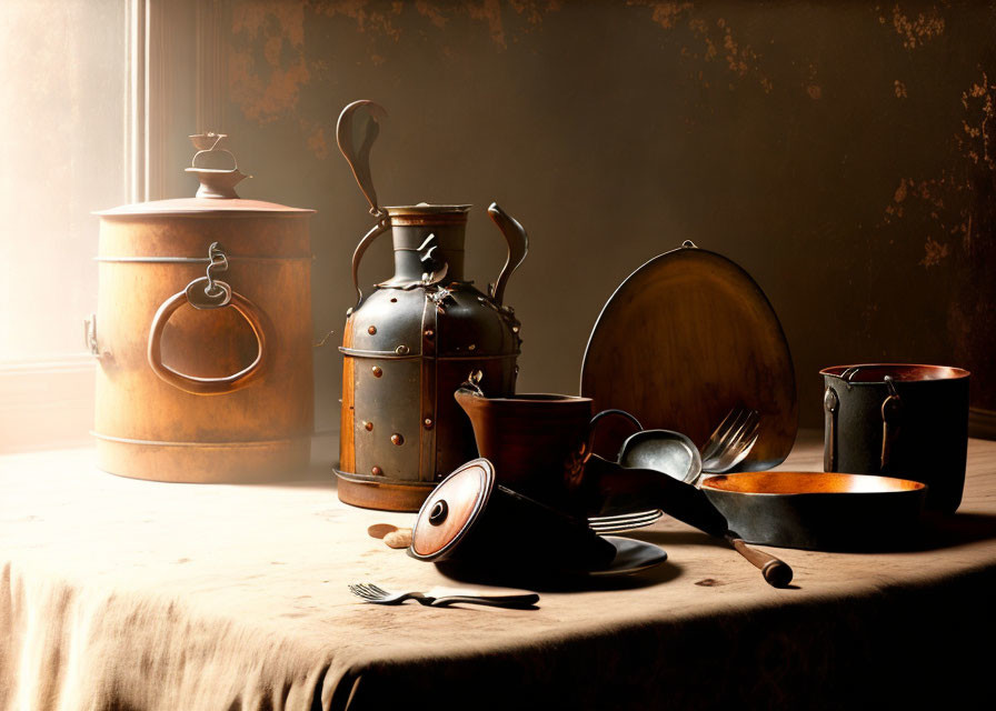 Collection of Vintage Kitchenware on Rustic Table