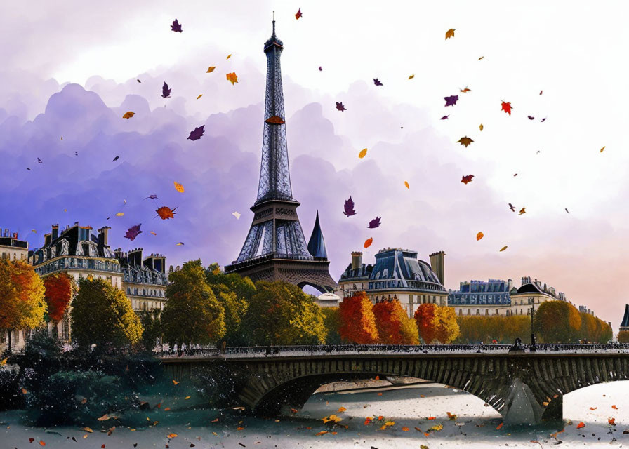 Eiffel Tower and Parisian Bridge in Autumn with Colorful Leaves