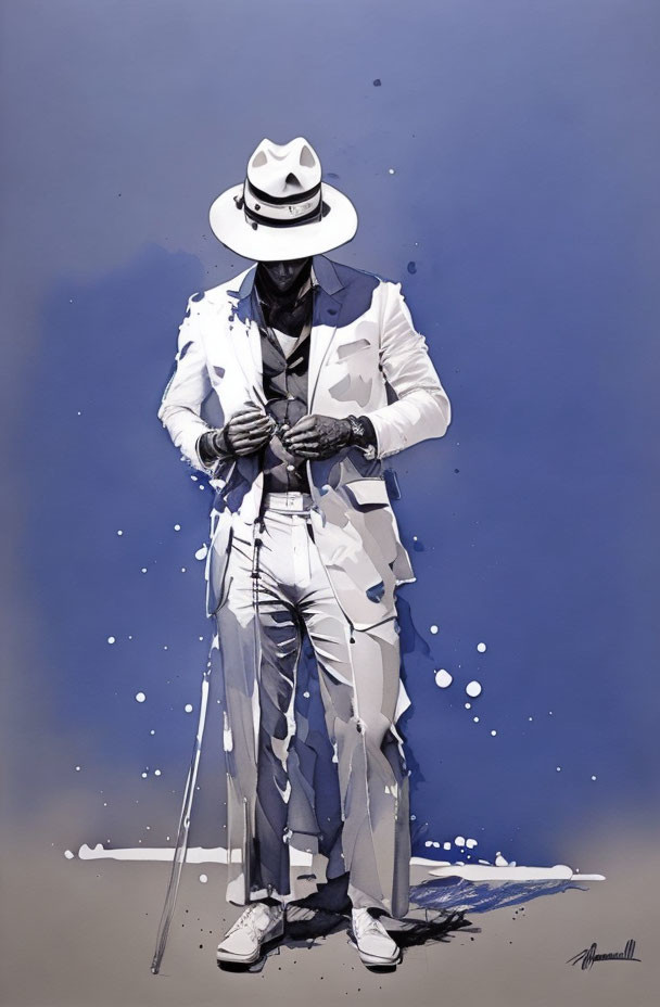 Person in White Suit and Hat with Cane on Blue Background, Stylish Artwork