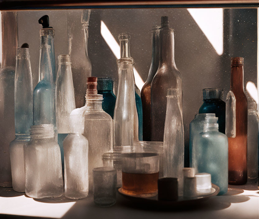 Assorted glass bottles and containers in different shapes and sizes on a shelf