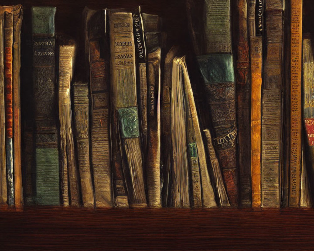 Dimly Lit Shelf with Aged Books and Varied Spine Designs