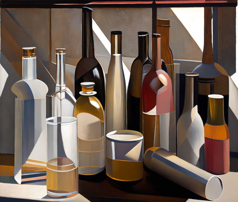 Geometric Bottles and Glasses in Cubist Style