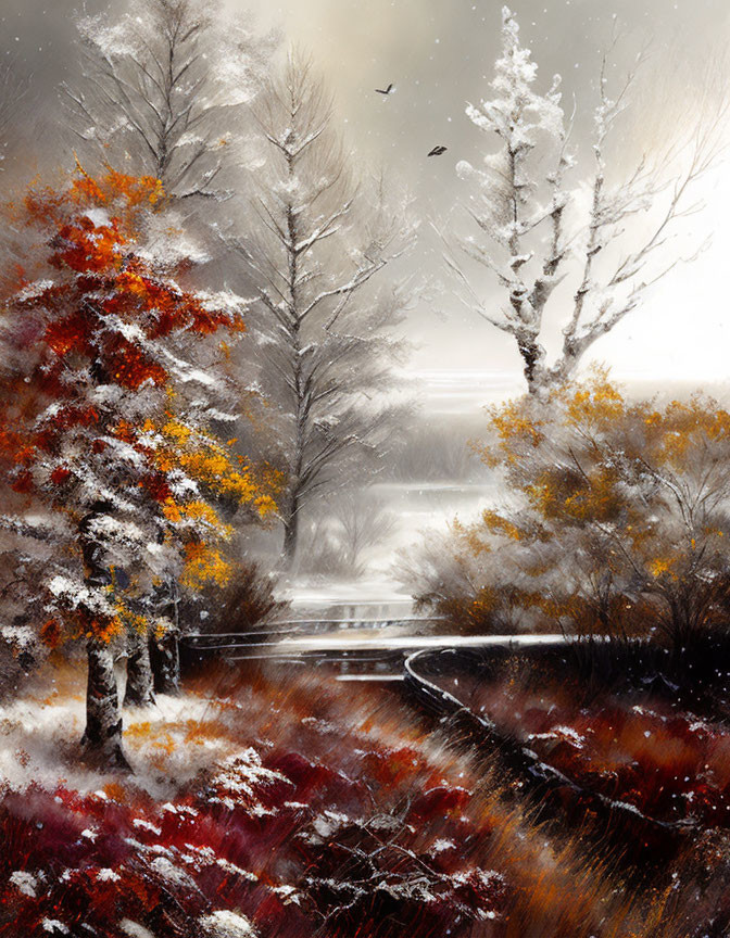 Winter landscape painting with snowy and autumn trees, path to distant bridge, birds flying