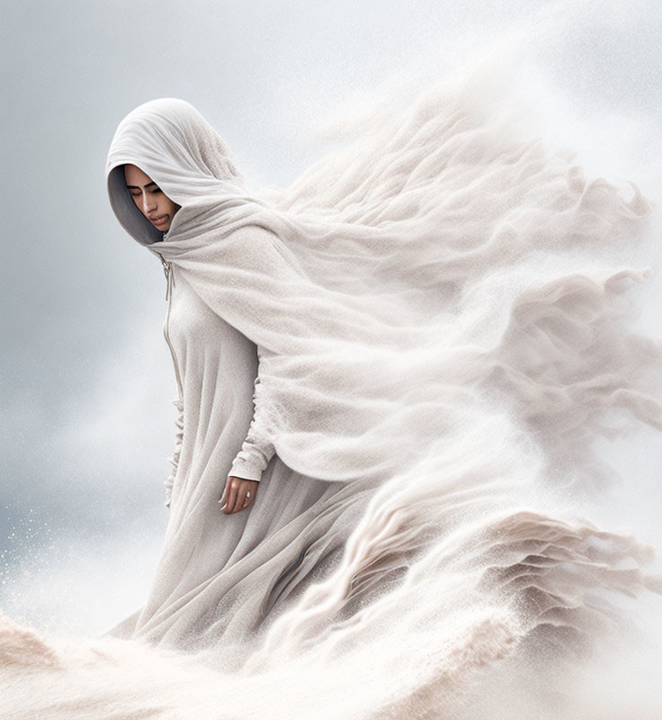 Hooded figure in flowing white cape against misty background