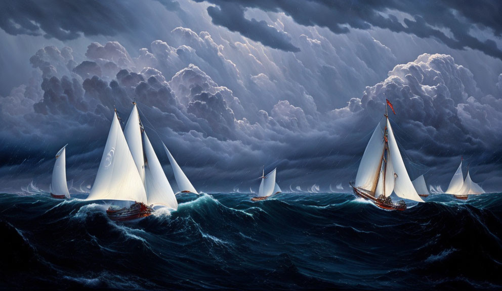 Sailing boats racing in turbulent ocean waters under stormy sky