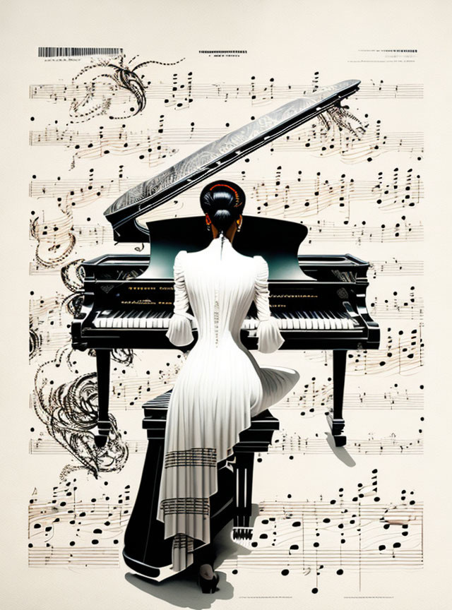 Stylized illustration of person playing grand piano with swirling musical notes