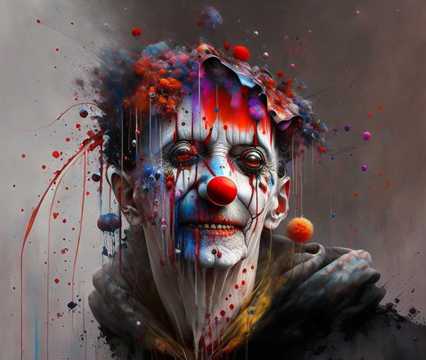 Colorful Clown Portrait with Surreal Paint Splashes and Dripping Colors