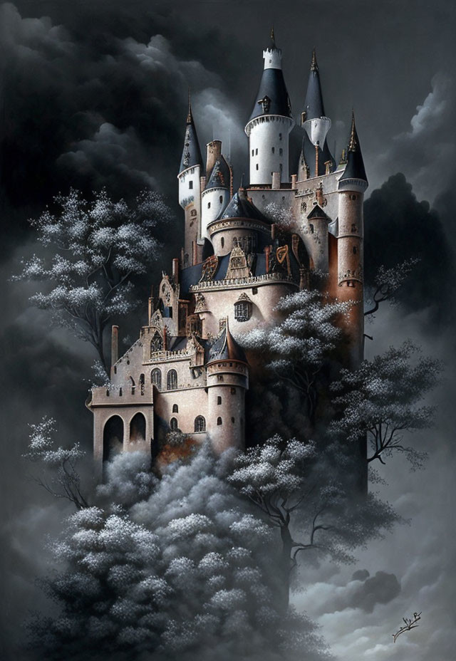 Castle with Multiple Spires and Towers in Dark, Cloudy Landscape